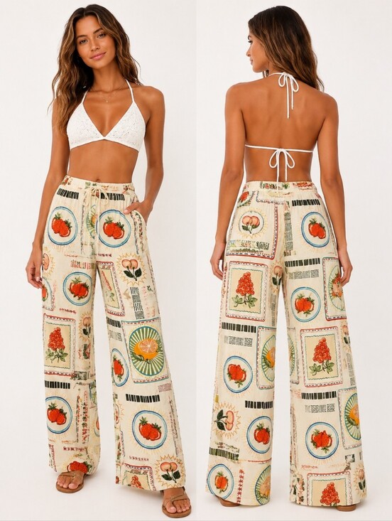 Sincerly Jules Pants - Sincerely Jules Fruit Print Wide Leg Pants Euro Summer Coastal Granddaughter S
